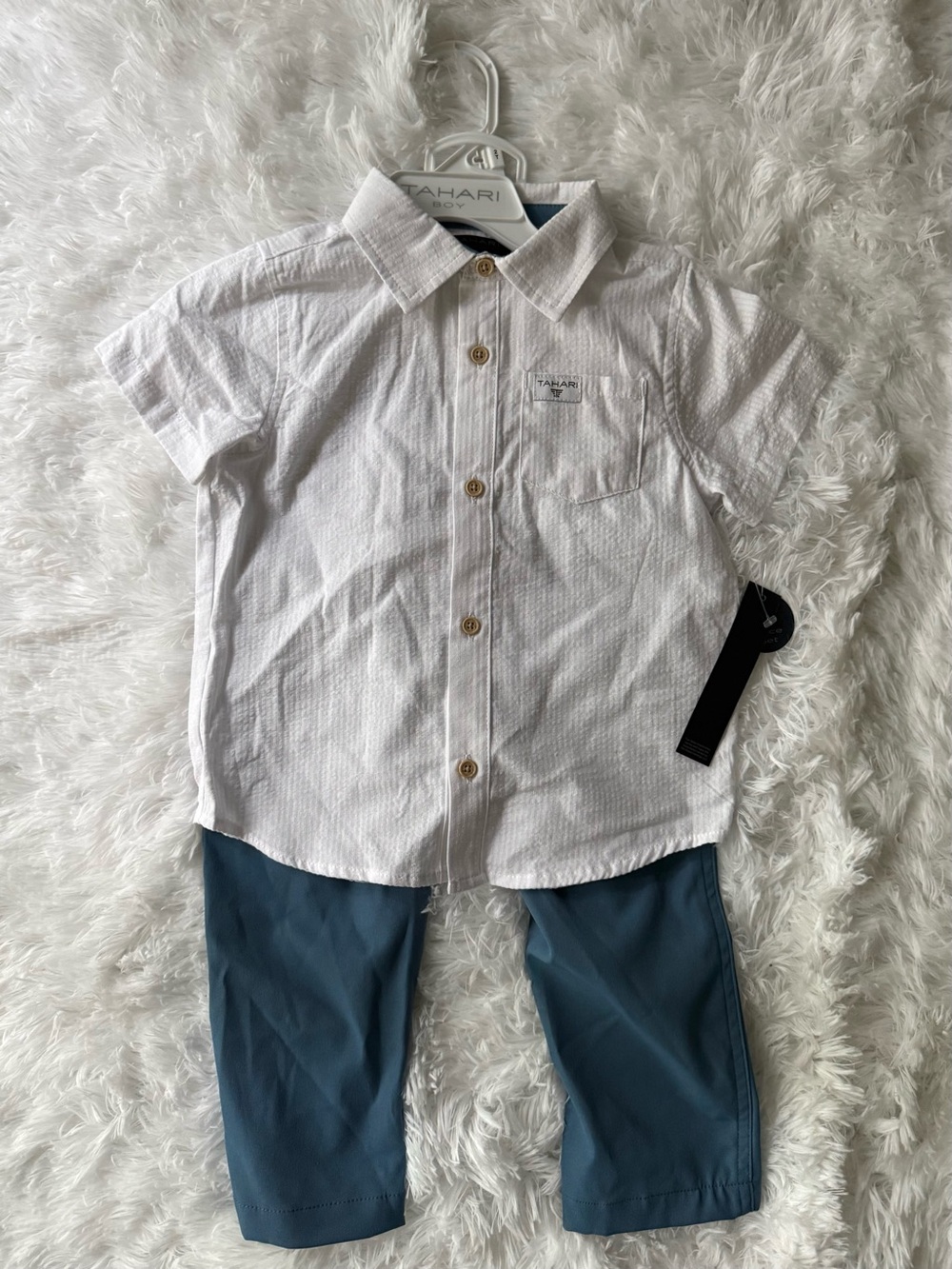 White Short-Sleeve Button-Up Shirt w/ Blue Pants